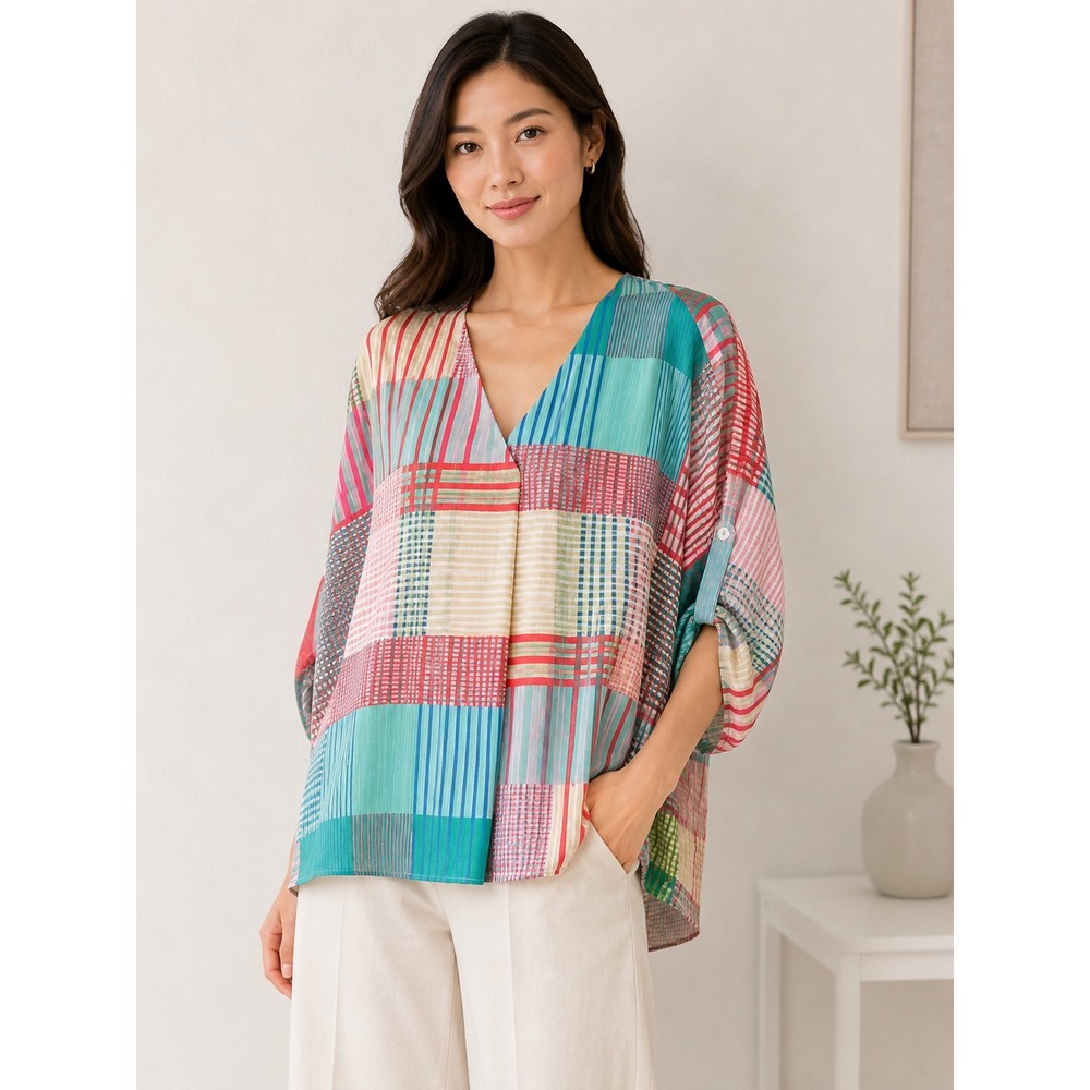 Umgee Womens Oversized Patchwork Plaid V-Neck Roll-Tab ‎ Blouse Multicolor L